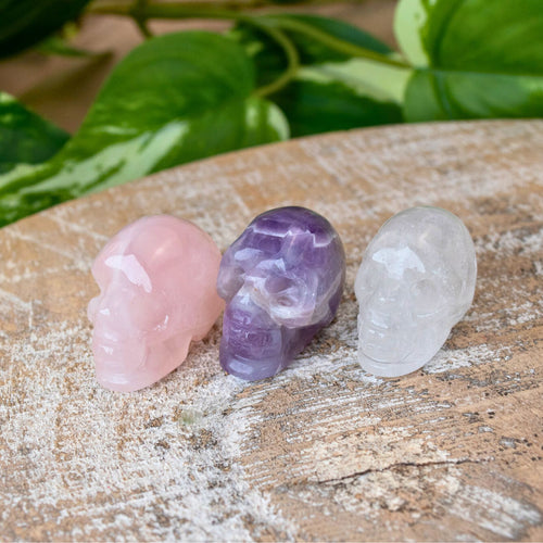 Mini Crystal Skulls in Amethyst, Rose Quartz and Clear Quartz - Down To Earth