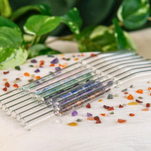 Load image into Gallery viewer, &quot;Side angle of eight crystal chip straws with crystal chips surrounding it and a green foliage backdrop,&quot; - Down to Earth.
