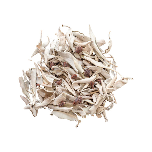 A pile of dried white sage and dragon's blood in a pile with a white background. - Down to Earth.