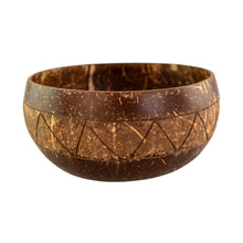 Load image into Gallery viewer, "Coconut shell bowl with geometric pattern on a white background," - Down to Earth.
