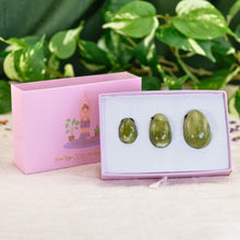 Load image into Gallery viewer, &quot;Three-piece flower jade yoni egg set in a light pink box propped up against the lid,&quot; - Down to Earth
