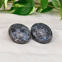 Load image into Gallery viewer, &quot;Two large larvikite palm stones on a cream-colored cloth with foliage in the background,&quot; - Down to Earth.
