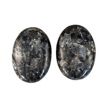 Load image into Gallery viewer, &quot;Top-down view of two large larvikite palm stones against a white background,&quot; - Down to Earth.
