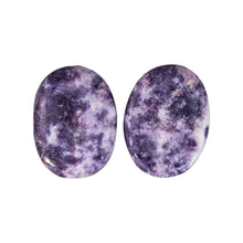 Load image into Gallery viewer, &quot;Top-down view of two large lepidolite palm stones against a white background,&quot; - Down to Earth.
