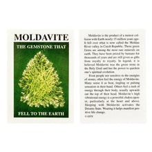 Load image into Gallery viewer, "Moldavite gemstone information card with green gemstone illustration on a white background," - Down to Earth.
