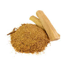 Load image into Gallery viewer, "Side angle of Palo Santo powder with two sticks of Palo Santo on a white background," - Down to Earth.
