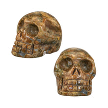 Load image into Gallery viewer, &quot;Studio photograph of two rhyolite carved crystal skulls against a white background,&quot; - Down to Earth.
