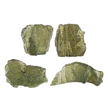 Load image into Gallery viewer, "Four pieces of raw Moldavite on a white background," - Down to Earth.
