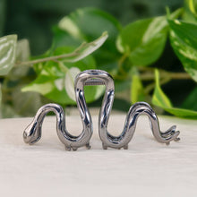 Load image into Gallery viewer, Silver snake-shaped hair claw clip on a light surface with green leaves in the background - Down To Earth
