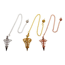 Load image into Gallery viewer, &quot;Three spiral pendulums in the color variations silver, rose gold, and gold, on a white background,&quot; - Down to Earth.
