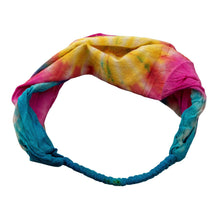 Load image into Gallery viewer, &quot;Thread Heads Tie-Dye Headband that has prominently blue, pink, and yellow dye on a white background,&quot; - Down to Earth.
