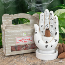 Load image into Gallery viewer, &quot;Single package of White Sage Satya Backflow Dhoop Cones next to a Palmistry Incense Burner with green foliage in the background,&quot; - Down to Earth.
