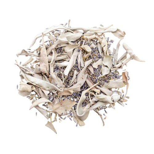 A pile of dried white sage and lavender with a white backdrop. This is a herbal mix sold on our website at www.thedowntoearth.com. - Down to Earth.
