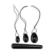 Load image into Gallery viewer, &quot;A four-piece black obsidian yoni egg set outside of its box. These items are used in Kegel exercises to strengthen the pelvic floor,&quot; - Down to Earth.
